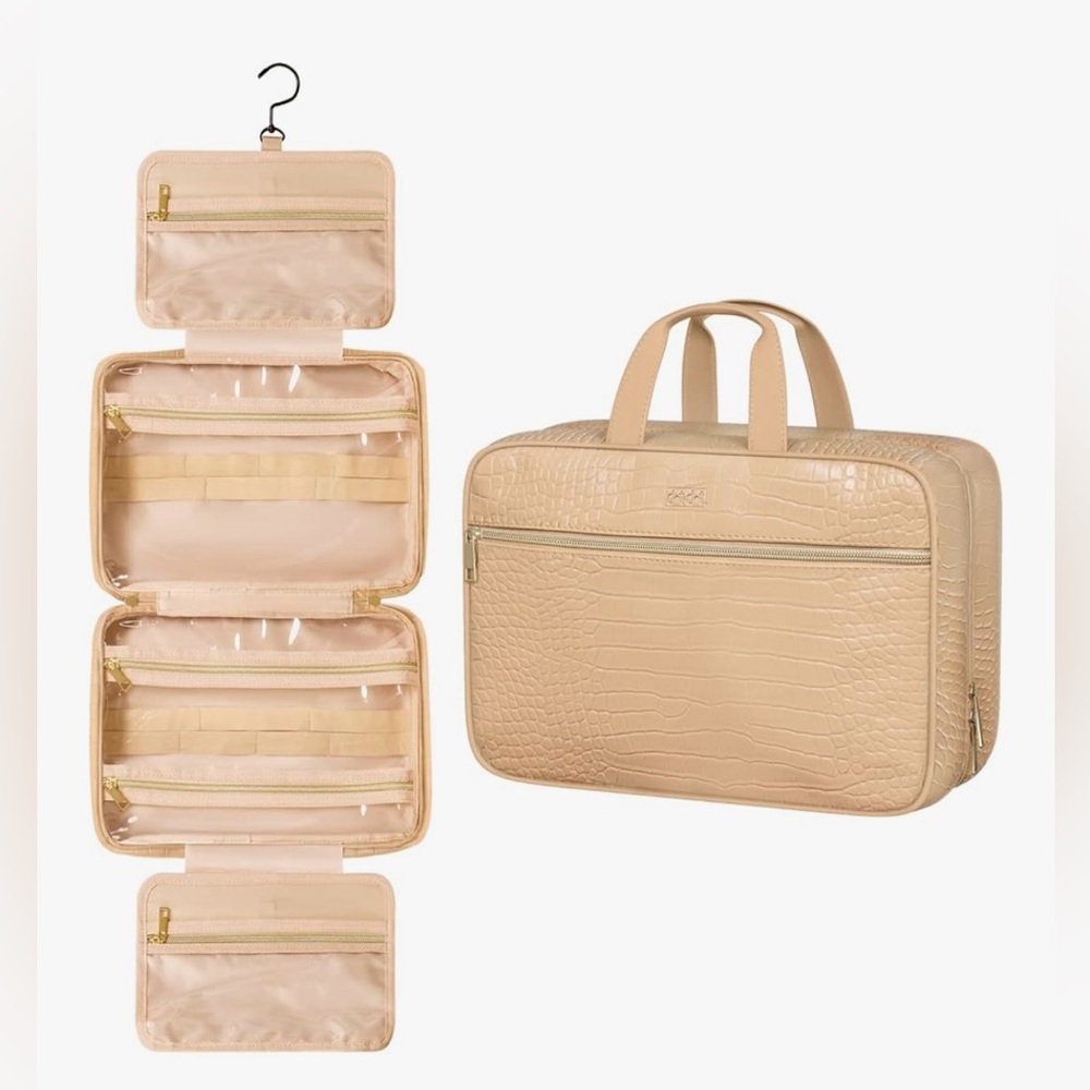 DOT & DOT Large Vegan Leather Hanging Travel Toiletry Bag in Beige